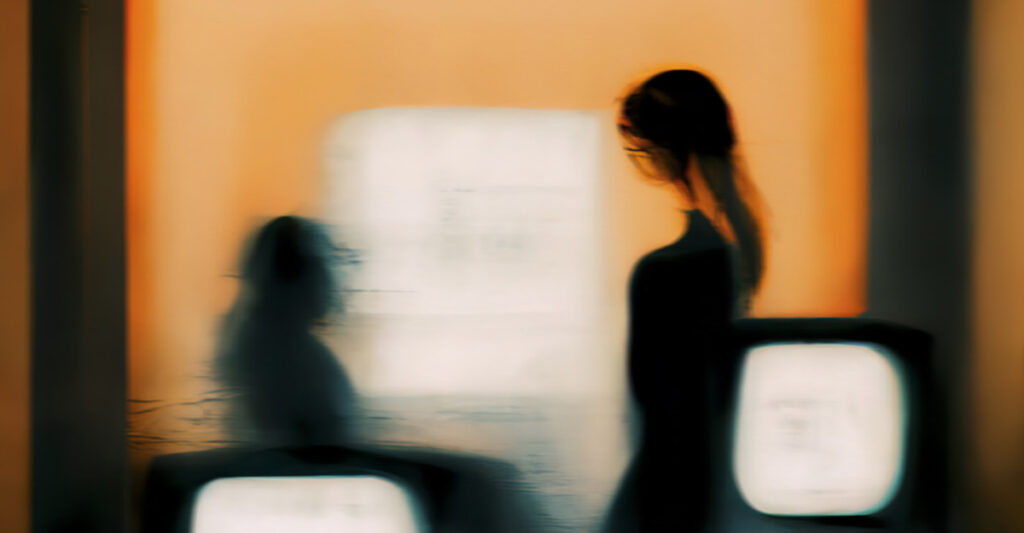 Abstract Blurred Background with a Standing Woman a Sitting Man Against an Orange Background